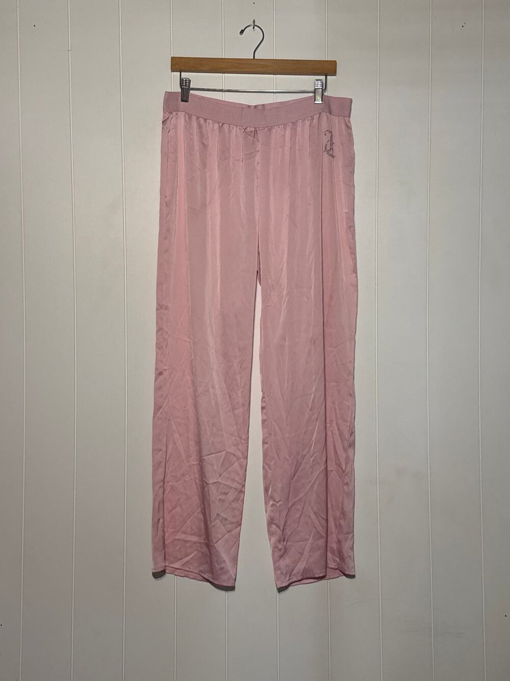 Juicy Couture Pajama Pants Womens L Pink Satin Rhinestone JC Logo Lounge